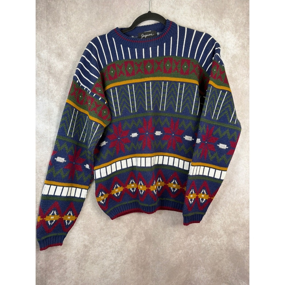 VTG 90s Jaguar Mens‎ XL Acrylic Fair Isle Geometric Pattern Navy Blue Sweater